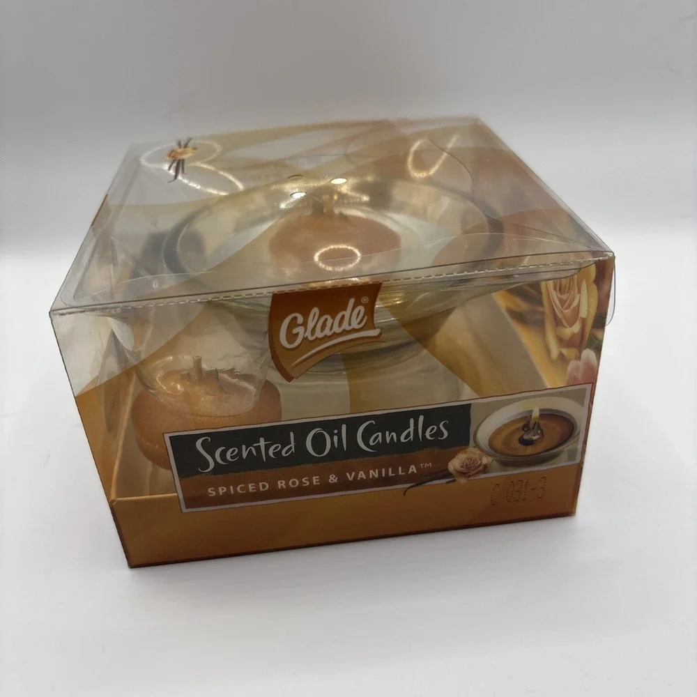 Glade Scented Oil  Candles Spiced‎ Rose & Vanilla Glass Holder & 2 Oil Refills